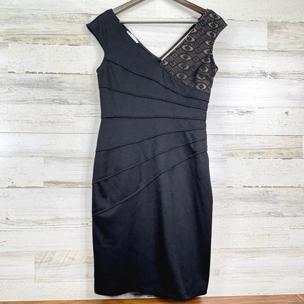 London Times Black Cocktail Dress Lace Accents V Neck Tank Party Womens Size‎ 10